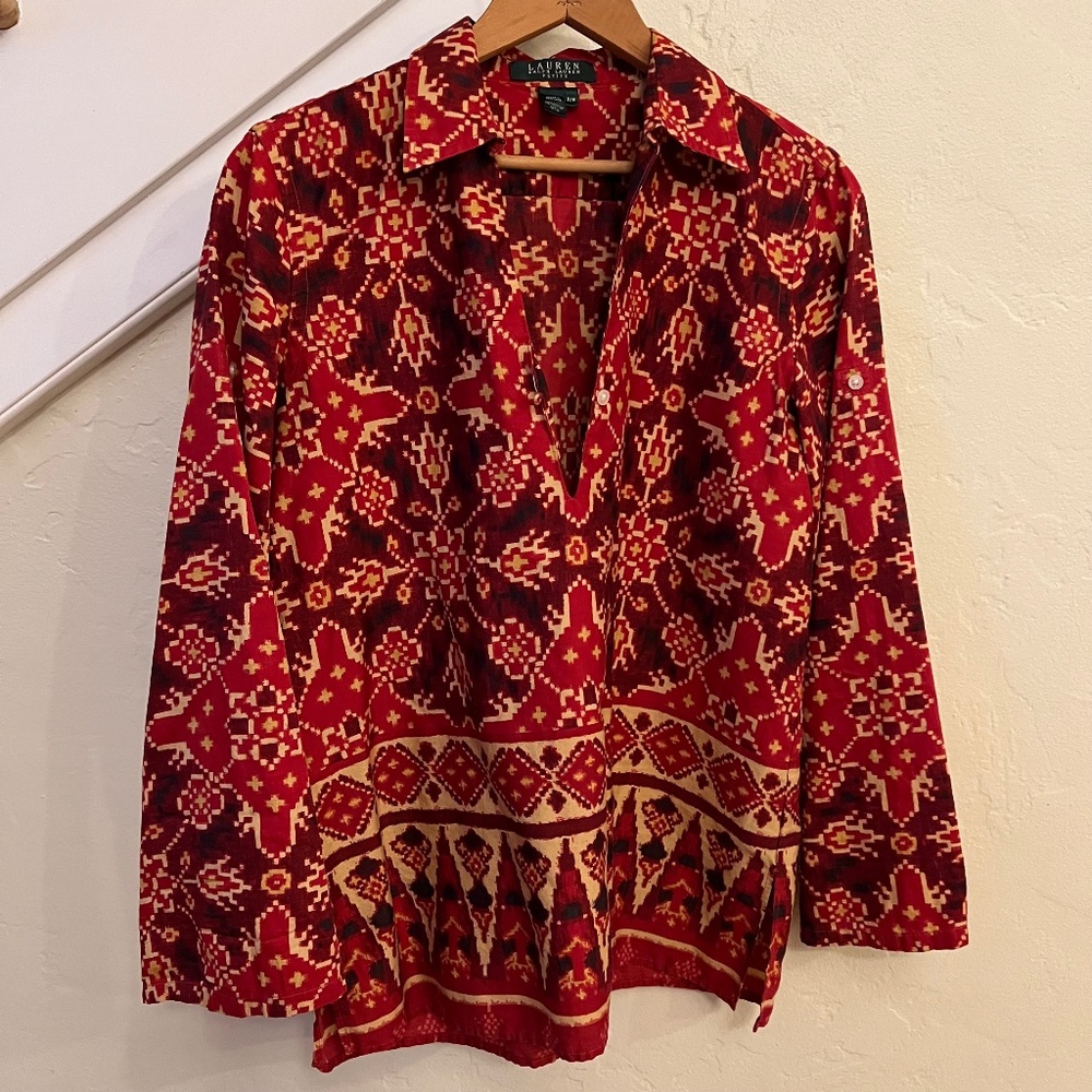 Lauren Red Aztec Ikat Print Long Sleeve Tunic Top Blouse